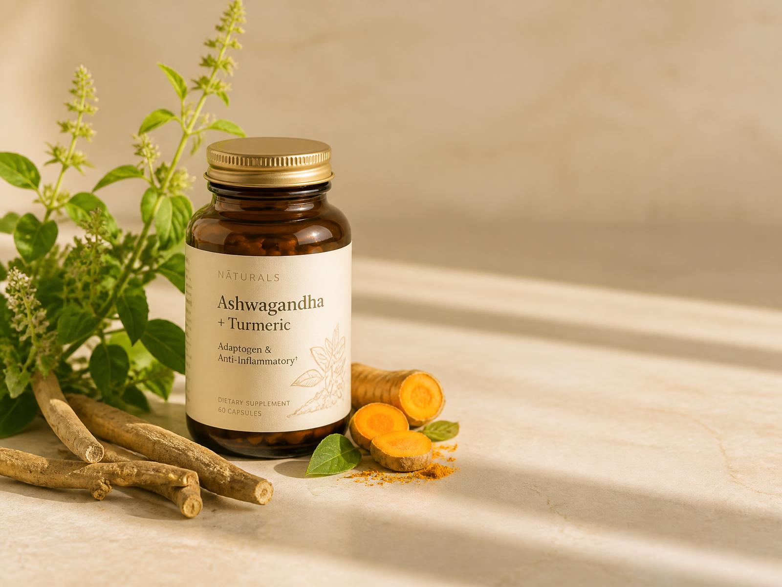 D Nutra amber supplement bottle with fresh herbs